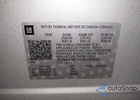 2018 Chevrolet Equinox Lt z USA, uszkodzony, nr VIN 2GNAXSEV0J6295553